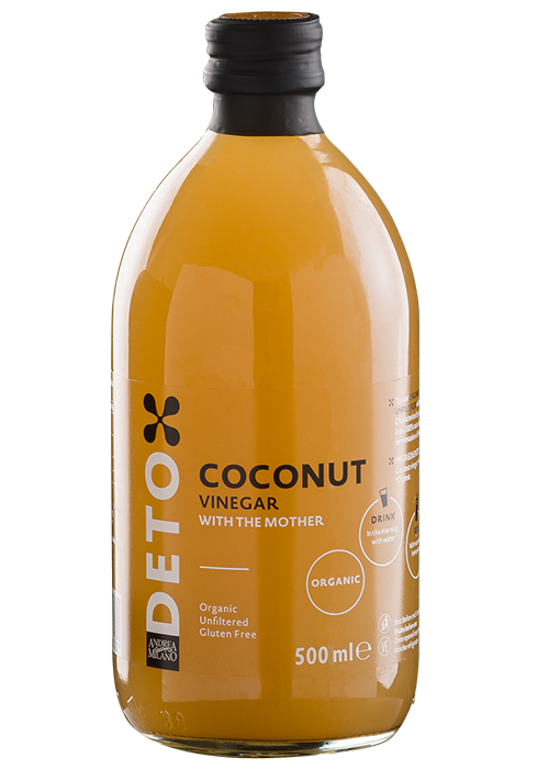 prozirna staklenka s žutim DETOx BIO KOKOSOVIM OCTOM